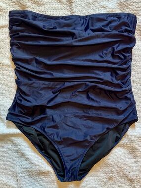 Strapless, Navy, Ruched One-Piece Bandeau Swimsuit - J Crew